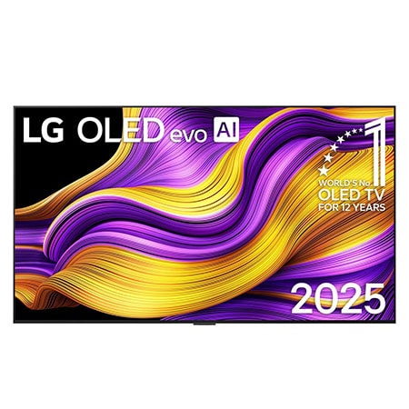 Front view of LG OLED evo AI G5 4K Smart TV. 12 Years of world number 1 OLED emblem and LG OLED evo AI 2025 logo are on the screen.2