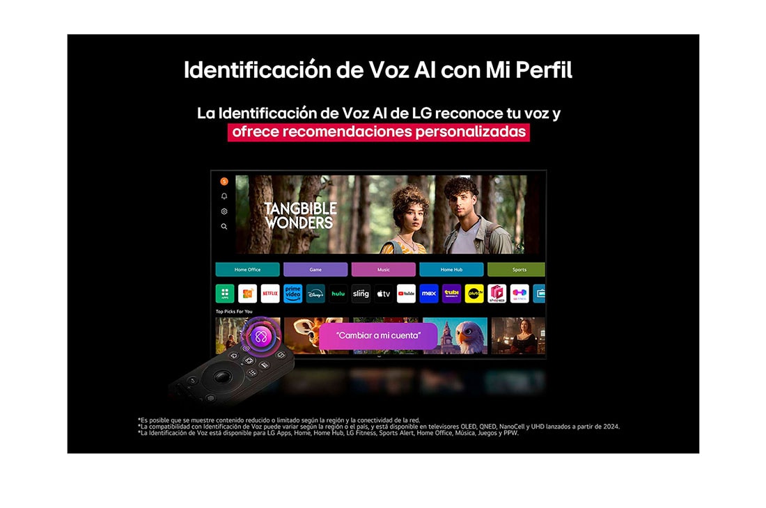 LG 65 pulgadas LG OLED evo AI G5 4K Smart TV 2025, Écran LG TV avec une télécommande AI Magic Remote au premier plan. Le bouton IA est mis en surbrillance et une bulle de dialogue montre du texte : suggérez un film que j’aime. À l’écran, nous voyons l, OLED65G5PSA, thumbnail 10