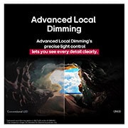 LG 75 pulgadas LG QNED AI QNED82 4K Smart TV 2025, Before and after comparison of how LG 4K Super Upscaling improves image quality. Two panels showing the same image of a colorful bird sitting on a branch in a forest, panel on the right is faded out. , 75QNED82ASG, thumbnail 8