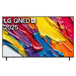 Front view of LG QNED82 TV, LG QNED Al Logo on the top corner. LG QNED82 TV depicts colorful paintike textures coming together.2