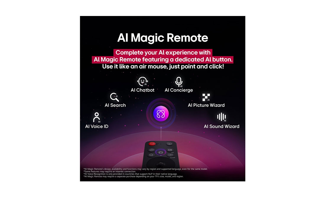 LG 50 pulgadas LG QNED AI QNED82 4K Smart TV 2025, LG TV screen with an AI Magic Remote on the foreground. The AI button is highlighted and a speech bubble shows text, suggest a movie I like. On the screen we see the user icon E, indicating how AI Voi, 50QNED82ASG, thumbnail 11