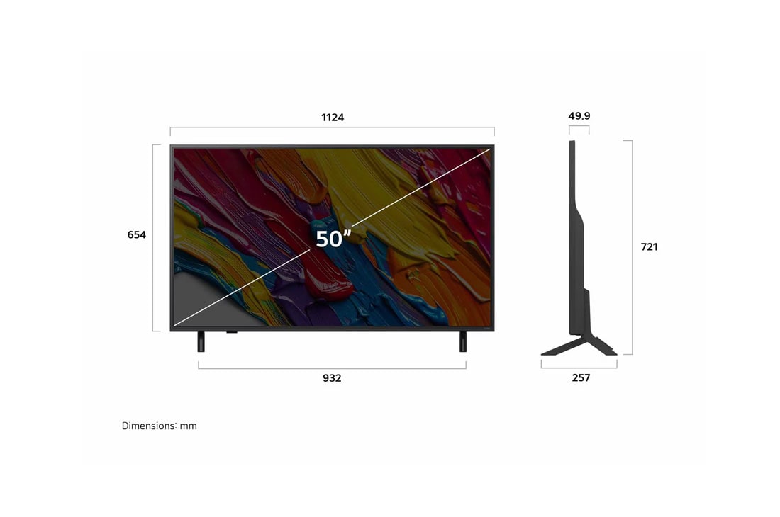 LG 50 pulgadas LG QNED AI QNED82 4K Smart TV 2025, Front view and side view of LG QNED82 AI 4K Smart TV showing its length, width, height, and depth dimensions., 50QNED82ASG, thumbnail 4