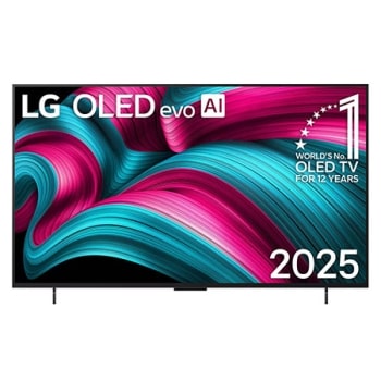 Vista de frente de la Smart TV LG OLED evo AI C5 4K. El emblema “OLED, número 1 del mundo durante 12 años” y el logotipo de LG OLED evo AI 2025 aparecen en la pantalla.1