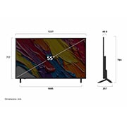LG 55 pulgadas LG QNED AI QNED82 4K Smart TV 2025, Front view and side view of LG QNED82 AI 4K Smart TV showing its length, width, height, and depth dimensions., 55QNED82ASG, thumbnail 4