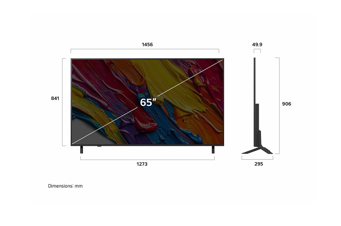 LG 65 pulgadas LG QNED AI QNED82 4K Smart TV 2025, Front view and side view of LG QNED82 AI 4K Smart TV showing its length, width, height, and depth dimensions., 65QNED82ASG, thumbnail 4