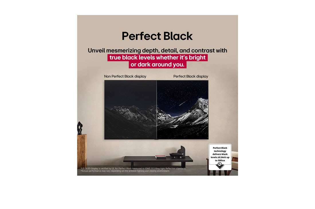 LG 77 pulgadas LG OLED AI B5 4K Smart TV 2025, Sala de estar con una LG OLED TV montada en la pared. En la TV, se muestra una cadena montañosa bajo un cielo nocturno oscuro lleno de estrellas. Esta escena está dividida a la mitad para mostrar cómo, OLED77B5PSA, thumbnail 6