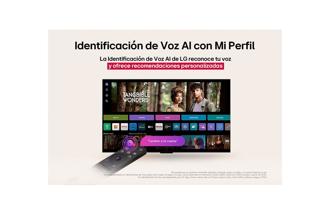 LG 77 pulgadas LG OLED AI B5 4K Smart TV 2025, Pantalla de LG TV con un AI Magic Remote de fondo. El botón de IA está resaltado y con un globo de texto: Sugiere una película que me guste. En la pantalla, se muestra el ícono de usuario E, que indic, OLED77B5PSA, thumbnail 9