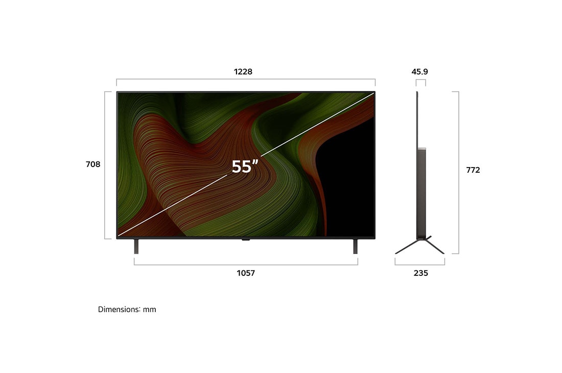 LG 55 pulgadas LG OLED AI B5 4K Smart TV 2025, Dimension view, OLED55B5PSA, thumbnail 4