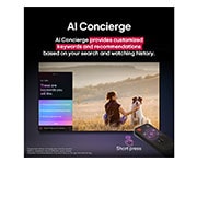 LG 65 pulgadas LG OLED AI B5 4K Smart TV 2025, Un LG AI Magic Remote frente a la pantalla de una LG TV. En la pantalla, aparece un saludo personalizado de LG AI con palabras clave personalizadas basadas en el historial de búsquedas y visualizacion, OLED65B5PSA, thumbnail 12