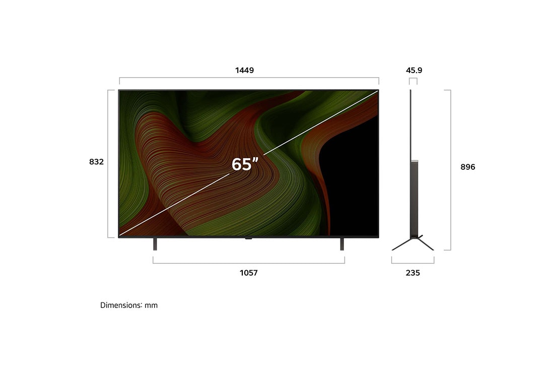 LG 65 pulgadas LG OLED AI B5 4K Smart TV 2025, Vista de frente y lateral de la Smart TV LG OLED AI B5 4K en la que se ven sus dimensiones de longitud, ancho, altura y profundidad., OLED65B5PSA, thumbnail 4