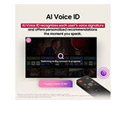 LG 65 pulgadas LG OLED AI B5 4K Smart TV 2025, Pantalla de LG TV con un AI Magic Remote de fondo. El botón de IA está resaltado y con un globo de texto: Sugiere una película que me guste. En la pantalla, se muestra el ícono de usuario E, que indic, OLED65B5PSA, thumbnail 9