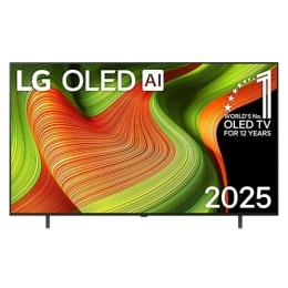 Vista de frente de la Smart TV LG OLED AI B5 4K. El emblema de OLED de ser el n.º 1 del mundo durante 12 años y el logotipo de LG OLED AI 2025 aparecen en la pantalla.2
