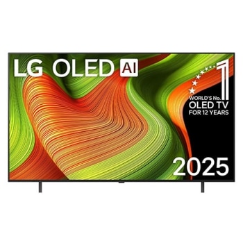 Vista de frente de la Smart TV LG OLED AI B5 4K. El emblema de OLED de ser el n.º 1 del mundo durante 12 años y el logotipo de LG OLED AI 2025 aparecen en la pantalla.1