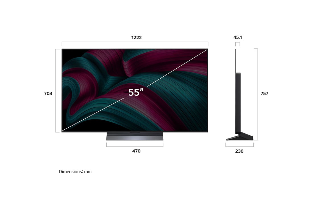 LG 55 pulgadas LG OLED evo AI C5 4K Smart TV 2025, Vista de frente y lateral de la Smart TV LG OLED evo AI C5 4K en la que se ven sus dimensiones de longitud, ancho, altura y profundidad., OLED55C5PSA, thumbnail 4