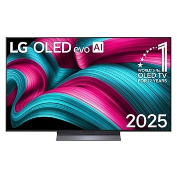 Vista de frente de la Smart TV LG OLED evo AI C5 4K. El emblema “OLED, número 1 del mundo durante 12 años” y el logotipo de LG OLED evo AI 2025 aparecen en la pantalla.1