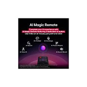 LG 75'' LG UHD AI UA80 AI 4K Smart TV 2025, LG AI Magic Remote con el botón de IA resaltado. A su alrededor, se encuentran las diferentes funcionalidades a las que el usuario puede acceder con el botón. AI Voice ID, AI Search, AI Chatbot, AI Co, 75UA8000PSB, thumbnail 10