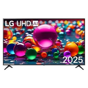 Vista de frente de la UHD UA80 TV, logotipo de LG UHD Al en la esquina superior. En la LG UHD TV se muestran coloridas texturas como de pinturas que se combinan.1