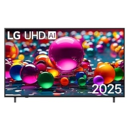 Vista de frente de la UHD UA80 TV, logotipo de LG UHD Al en la esquina superior. En la LG UHD TV se muestran coloridas texturas como de pinturas que se combinan.2