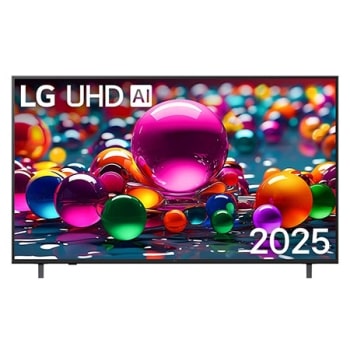 Vista de frente de la UHD UA80 TV, logotipo de LG UHD Al en la esquina superior. En la LG UHD TV se muestran coloridas texturas como de pinturas que se combinan.1