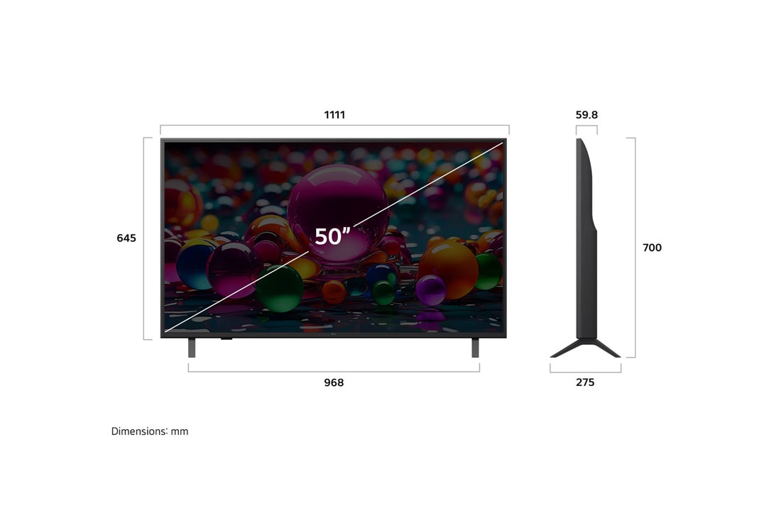LG 50'' LG UHD AI UA80 AI 4K Smart TV 2025, Vista de frente y lateral de la Smart TV LG UHD AI UA80 4K en la que se ven sus dimensiones de longitud, ancho, altura y profundidad., 50UA8000PSB, thumbnail 4