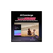 LG 50'' LG UHD AI UA80 AI 4K Smart TV 2025, Un LG AI Magic Remote frente a la pantalla de una LG TV. En la pantalla, aparece un saludo personalizado de LG AI con palabras clave personalizadas basadas en el historial de búsquedas y visualizacion, 50UA8000PSB, thumbnail 12