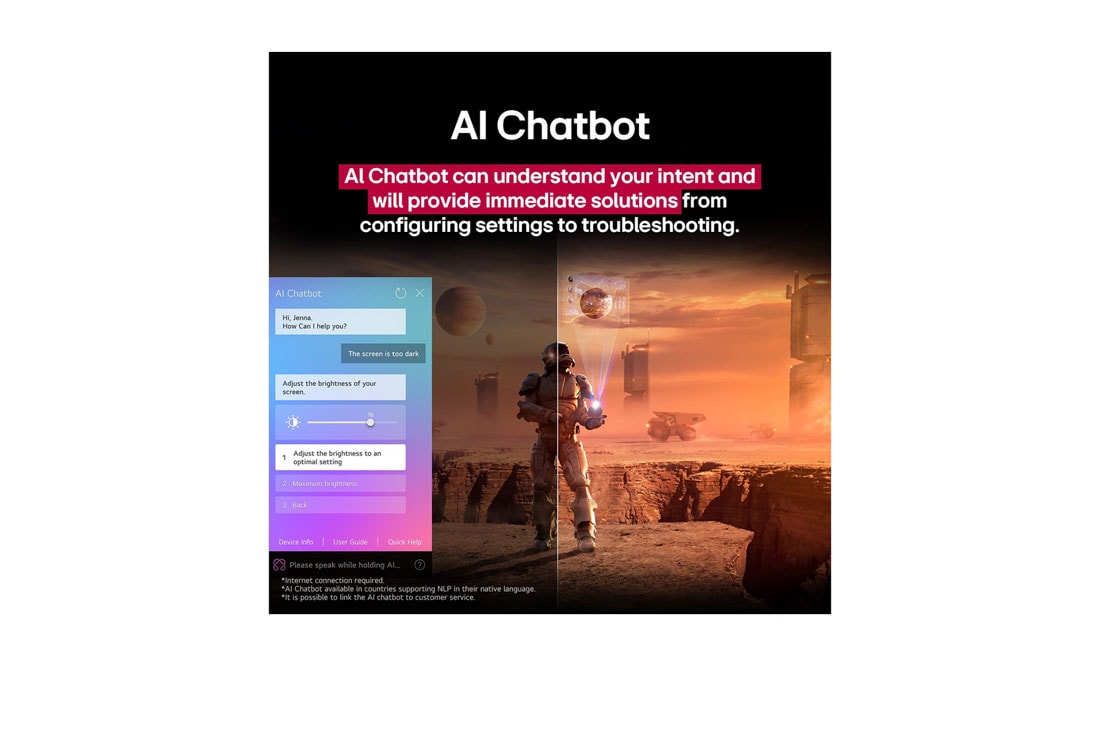 LG 55'' LG UHD AI UA80 AI 4K Smart TV 2025, Pantalla de una LG TV que reproduce contenido de ciencia ficción. En la pantalla, se muestra la interfaz de AI Chatbot. El usuario envió un mensaje al chatbot en el que dijo que la pantalla está demas, 55UA8000PSB, thumbnail 13