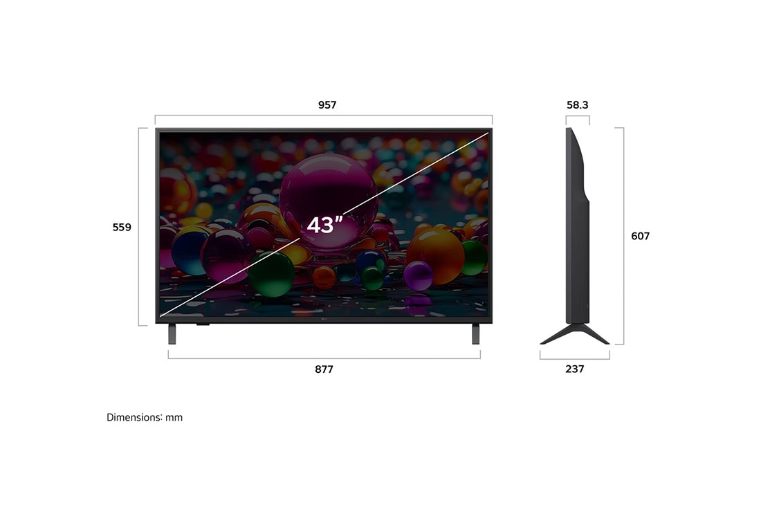 LG 43'' LG UHD AI UA80 AI 4K Smart TV 2025, Vista de frente y lateral de la Smart TV LG UHD AI UA80 4K en la que se ven sus dimensiones de longitud, ancho, altura y profundidad., 43UA8000PSB, thumbnail 4