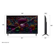 LG 43'' LG UHD AI UA80 AI 4K Smart TV 2025, Vista de frente y lateral de la Smart TV LG UHD AI UA80 4K en la que se ven sus dimensiones de longitud, ancho, altura y profundidad., 43UA8000PSB, thumbnail 4