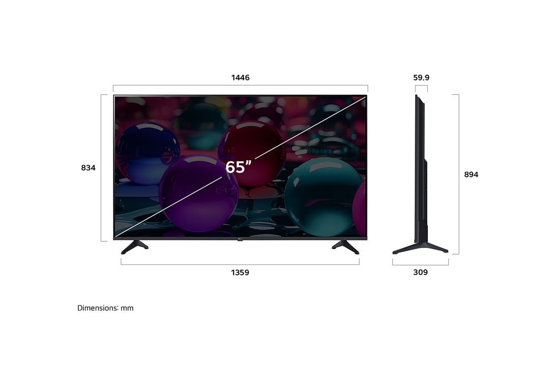 LG Pantalla 65 pulgadas LG UHD AI UA73 4K Smart TV 2025, Vista de frente y lateral de la Smart TV LG UHD AI UA73 4K en la que se ven sus dimensiones de longitud, ancho, altura y profundidad., 65UA7300PSB, thumbnail 4