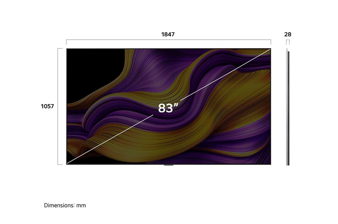 LG 83 pulgadas LG OLED AI B5 4K Smart TV 2025, Front view and side view of LG OLED evo AI b5 4K Smart TV showing its length, width, height, and depth dimensions., OLED83B5PSA, thumbnail 5