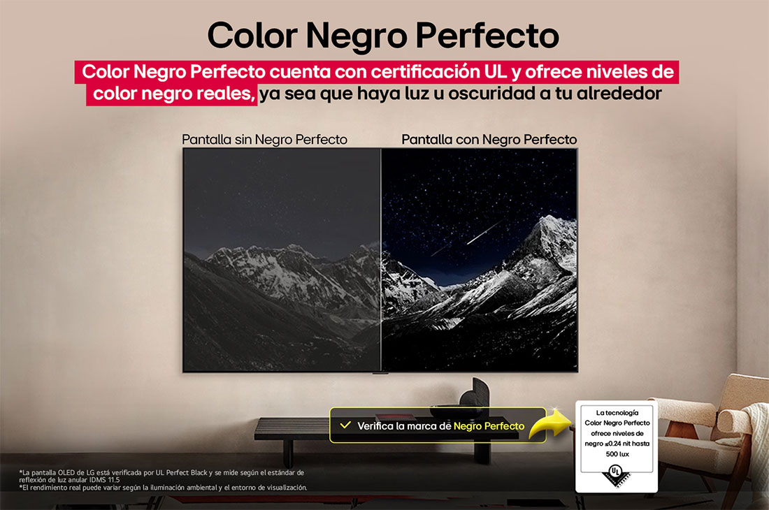 LG 83 pulgadas LG OLED AI B5 4K Smart TV 2025, Living room space with a wall-mounted LG OLED TV. On the TV is a mountain range against a dark evening sky filled with stars. This scene is split in half to show how Perfect Black delivers true black , OLED83B5PSA, thumbnail 8