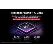 LG 83 pulgadas LG OLED AI B5 4K Smart TV 2025, alpha 11 AI Processor Gen2 is against a dark background. It glows with purple and blue light from within illuminating the microchip circuits around it. The title talks about how the processor that is , OLED83B5PSA, thumbnail 6