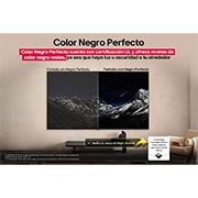 LG 83 pulgadas LG OLED AI B5 4K Smart TV 2025, Living room space with a wall-mounted LG OLED TV. On the TV is a mountain range against a dark evening sky filled with stars. This scene is split in half to show how Perfect Black delivers true black , OLED83B5PSA, thumbnail 8