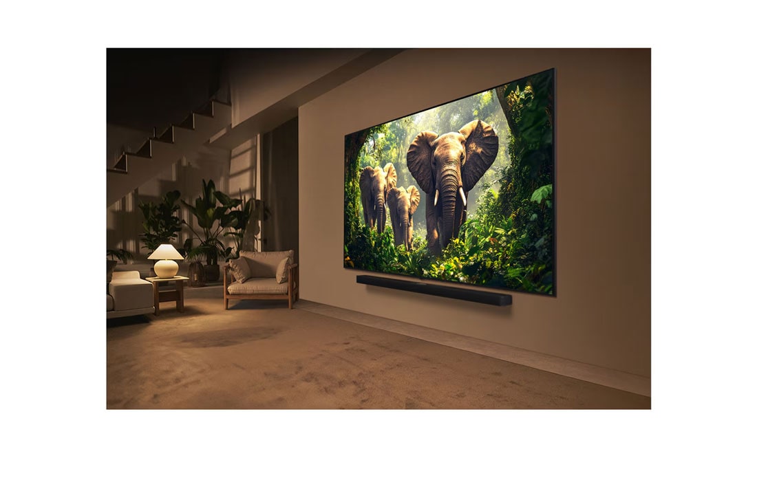 LG 100 pulgadas LG QNED evo AI QNED86 4K Smart TV 2025, Una joven y un perro sentados frente a una LG QNED TV montada en una pared en la que se ven tres elefantes caminando hacia fuera por encima de la LG Soundbar. El título habla de cómo las escenas son m, 100QNED86AS, thumbnail 14