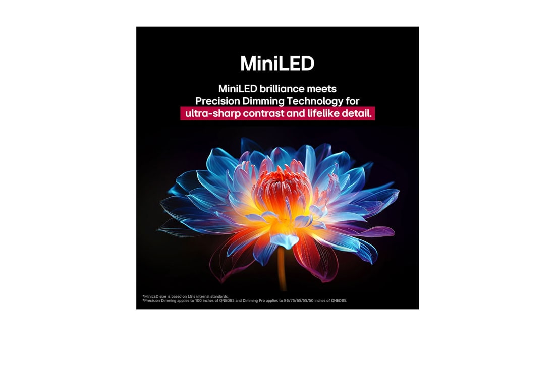 LG 100 pulgadas LG QNED evo AI QNED86 4K Smart TV 2025, Flor holográfica en 3D con diferentes sombras y tonos sobre fondo negro. La definición y el detalle de la flor resaltan la capacidad del MiniLED de QNED de producir imágenes con color, brillo y contra, 100QNED86AS, thumbnail 6