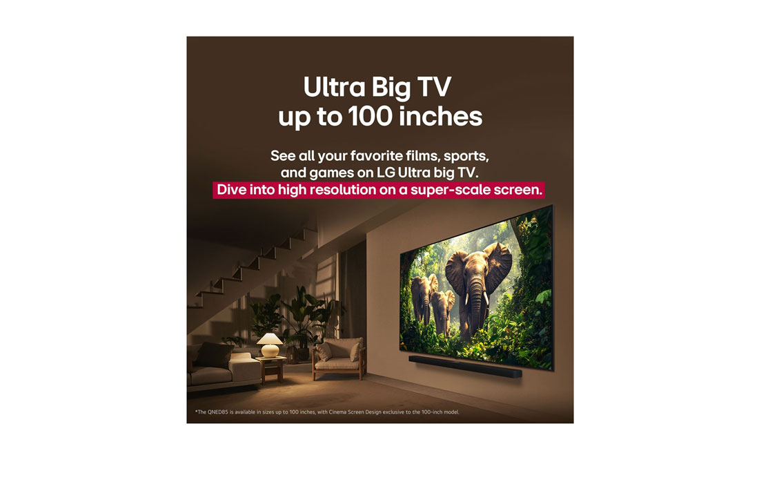 LG 100 pulgadas LG QNED evo AI QNED86 4K Smart TV 2025, Una joven y un perro sentados frente a una LG QNED TV montada en una pared en la que se ven tres elefantes caminando hacia fuera por encima de la LG Soundbar. El título habla de cómo las escenas son m, 100QNED86AS, thumbnail 9