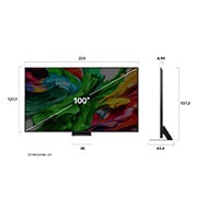 LG 100 pulgadas LG QNED evo AI QNED86 4K Smart TV 2025, Vista de frente y lateral del Smart TV LG QNED evo AI QNED86 4K en la que se ven sus dimensiones de longitud, ancho, altura y profundidad., 100QNED86AS, thumbnail 4