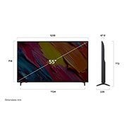 LG Pantalla 55 pulgadas LG QNED AI QNED70 4K SMART TV 2025, Front view and side view of LG QNED AI QNED70 4K Smart TV showing its length, width, height, and depth dimensions., 55QNED70ASA, thumbnail 4