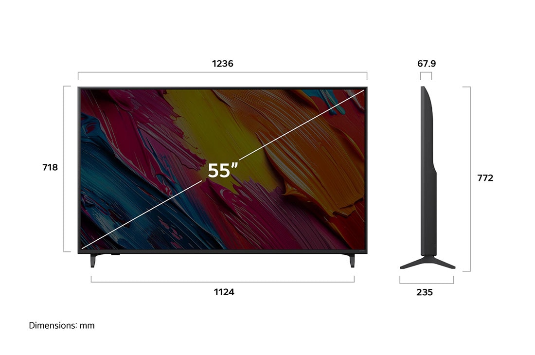 LG Pantalla 55 pulgadas LG QNED AI QNED70 4K SMART TV 2025, Front view and side view of LG QNED AI QNED70 4K Smart TV showing its length, width, height, and depth dimensions., 55QNED70ASA, thumbnail 4