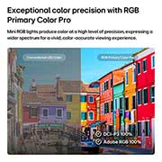 LG 75'' LG Mini RGB evo AI MRGB85 4K Smart TV 2026, RGB Primary Color Pro, utilizado en LG Mini RGB evo AI MRGB85, presenta una imagen dividida que compara el color LED convencional a la izquierda con edificios más brillantes y saturados a la derecha, , 75MRGB85BSC, thumbnail 4