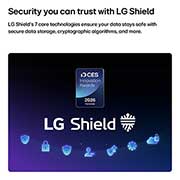 LG 75'' LG Mini RGB evo AI MRGB85 4K Smart TV 2026, LG Shield, aplicado a la LG Mini RGB evo AI MRGB85, se muestra con el logotipo de LG Shield en el centro, los íconos de seguridad abajo y la Insignia de galardonada con el Premio a la Innovación CES 2, 75MRGB85BSC, thumbnail 8