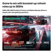 LG 86'' LG Mini RGB evo AI MRGB85 4K Smart TV 2026, LG Mini RGB evo AI MRGB85 con Ultimate Gameplay muestra una escena de carreras vibrante y de alta velocidad con un recuadro de comparación borrosa que destaca Motion Booster 288, mientras admite 144Hz, 86MRGB85BSC, thumbnail 10