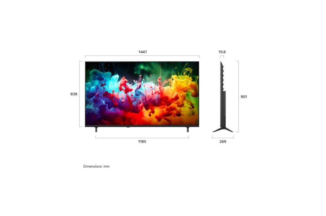 LG 65'' LG QNED AI QNED70 Mini LED 4K Smart TV 2026, LG QNED AI QNED70 Mini LED shown in front and side views highlights a 55-inch display with a 1228 mm-wide screen, 715 mm screen height, 776 mm height with stand, a 70.8 mm profile depth, and a stand f, 65QNED70BSA, thumbnail 2