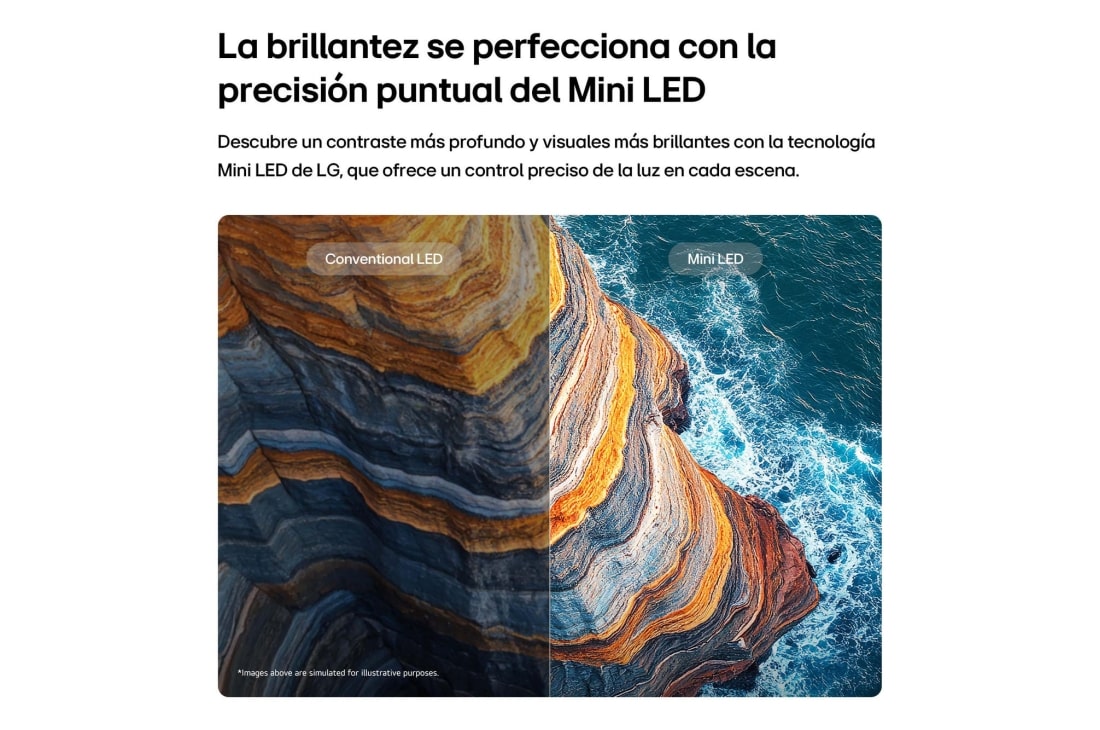 LG 65'' LG QNED AI QNED70 Mini LED 4K Smart TV 2026, LG QNED AI QNED70 Mini LED highlights how its Mini LED reveals sharper rock textures and clearer ocean detail than conventional LED in a split coastal cliff scene, delivering deeper blacks and more re, 65QNED70BSA, thumbnail 4