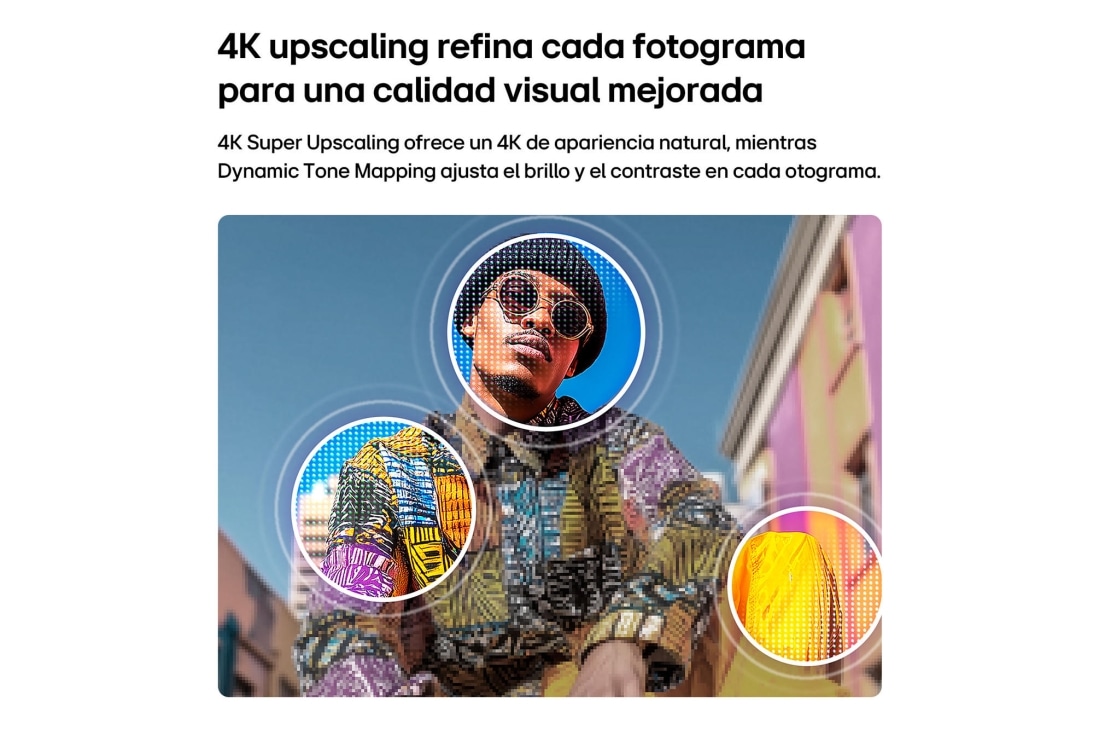 LG 65'' LG QNED AI QNED70 Mini LED 4K Smart TV 2026, LG QNED AI QNED70 Mini LED with 4K Super Upscaling and Dynamic Tone Mapping shows a low-angle outdoor scene of a man between colorful buildings, as AI recognizes the scene and upscales each frame to 4, 65QNED70BSA, thumbnail 6