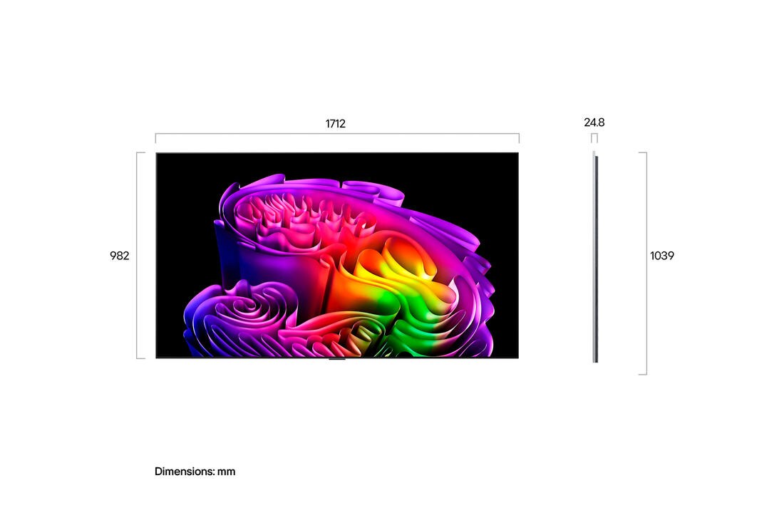 LG 77'' LG OLED evo AI G6 4K Smart TV 2026, La imagen frontal y lateral de la LG OLED evo AI G6 muestra una pantalla de 77 pulgadas con una anchura de 1712 mm, una altura de 982 mm, una altura con soporte de 1039 mm, una profundidad de 24.8 mm , OLED77G6PSA, thumbnail 3