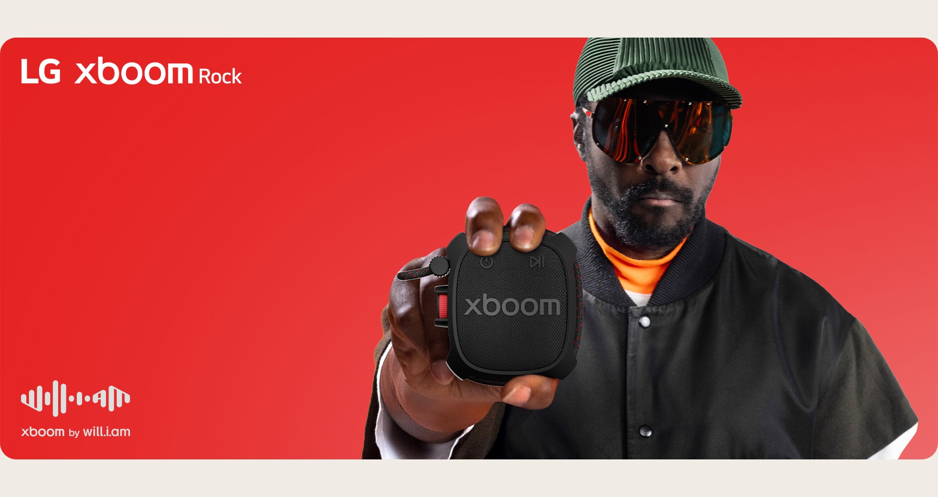 LG xboom Rock, sostenido por will.i.am, una bocina Bluetooth portátil diseñado para exteriores, verificado con pruebas de estándar militar y resistencia al polvo.
