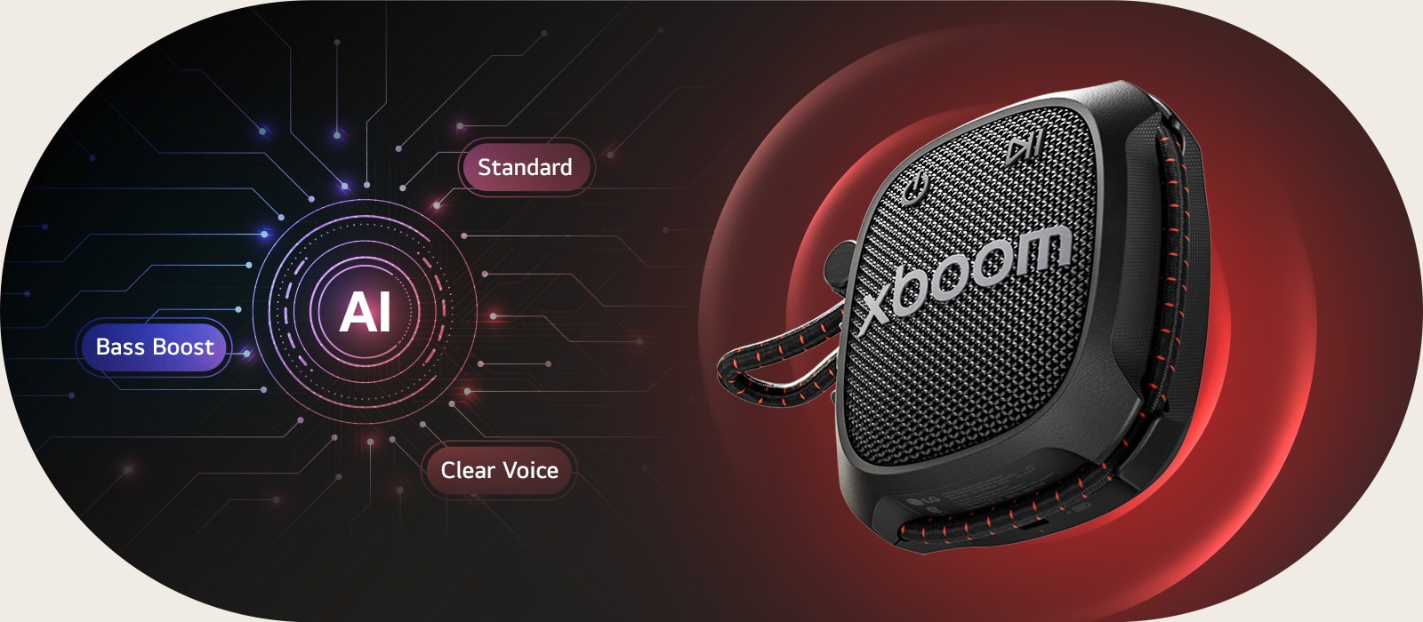 Bocina Bluetooth portátil LG xboom Rock adaptado con modos de sonido AI (refuerzo de graves, análisis AI, mejora de voz) para mejorar el equilibrio musical y la claridad del sonido.