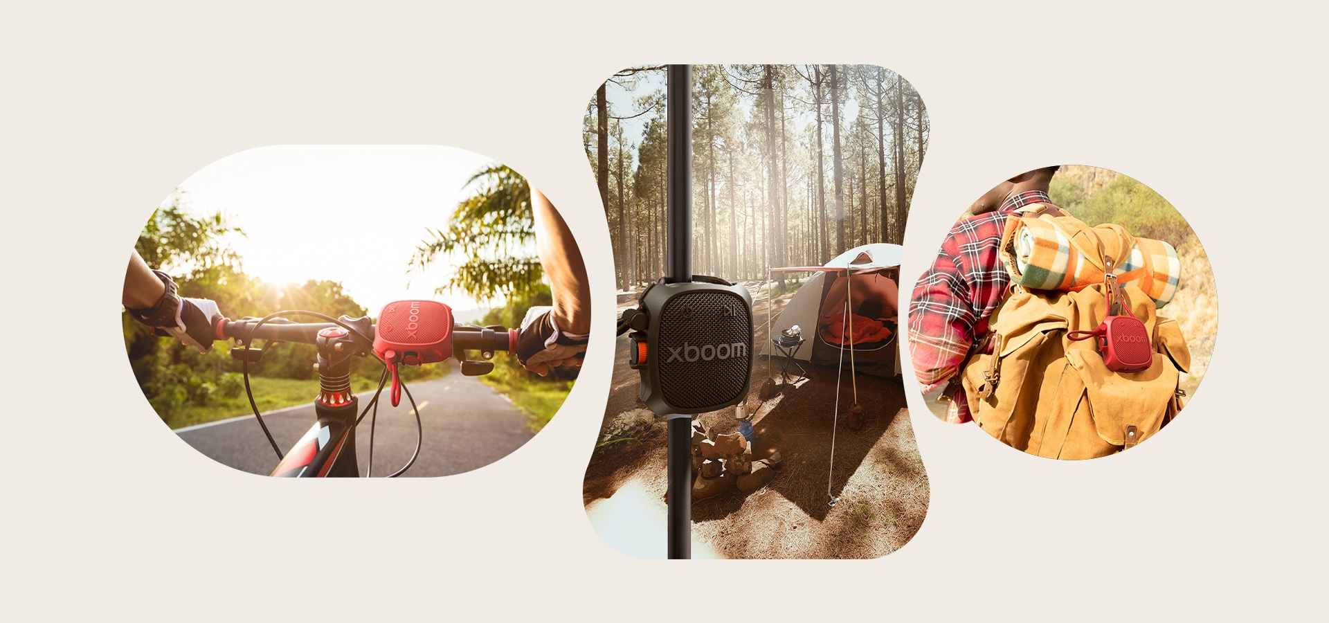 1)La bocina LG xboom Rock colgado de forma segura en una bicicleta con una cuerda de montaje universal para reproducir música de forma estable y sin usar las manos mientras se conduce. 2) La bocina LG xboom Rock sujeto a la rama de un árbol con una correa segura para disfrutar de la música durante una acampada o una excursión. 3) La bocina Bluetooth portátil LG xboom Rock acoplado a una mochila de senderismo para escuchar música al aire libre mientras se practica deporte.