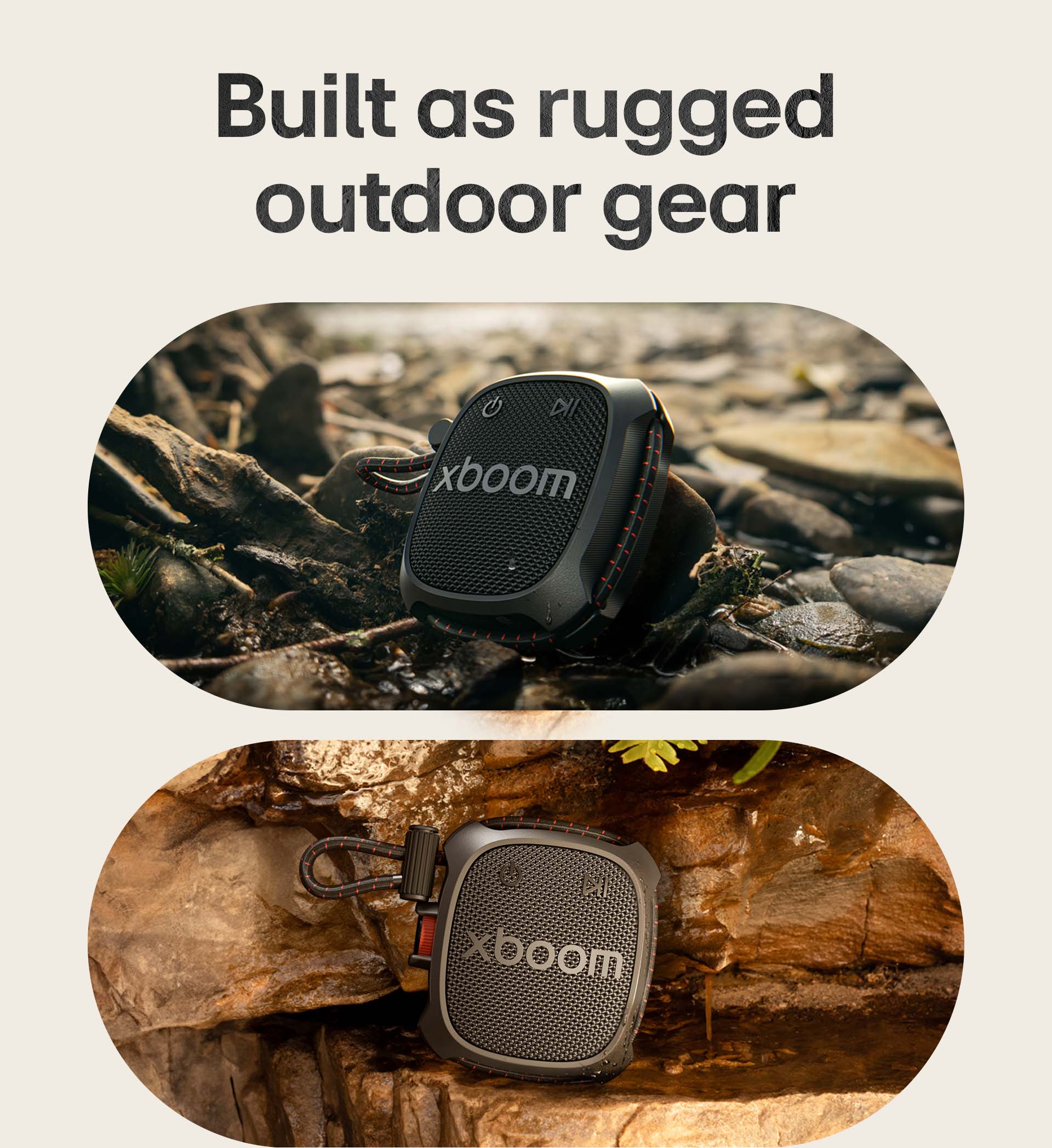 1) Bocina portátil LG xboom Rock colocado sobre piedras húmedas de río, destacando su diseño resistente al agua y su durabilidad para uso en exteriores. 2) Bocina portátil LG xboom Rock fijado sobre una superficie rocosa, enfatizando su construcción resistente y su facilidad de uso en exteriores.